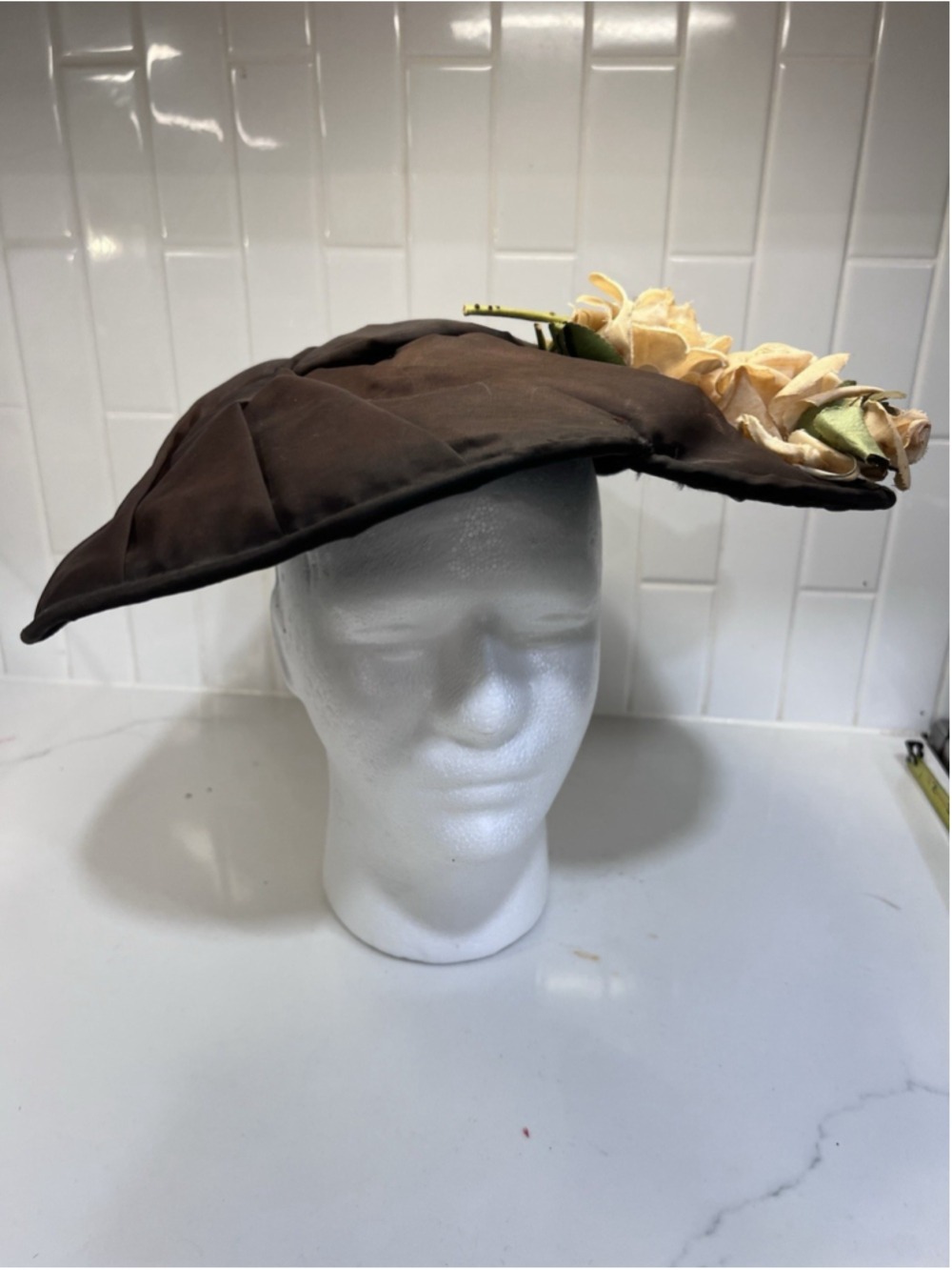 Vintage Women’s Hat Brown Satin Cartwheel Fascinator 1940s 1950s